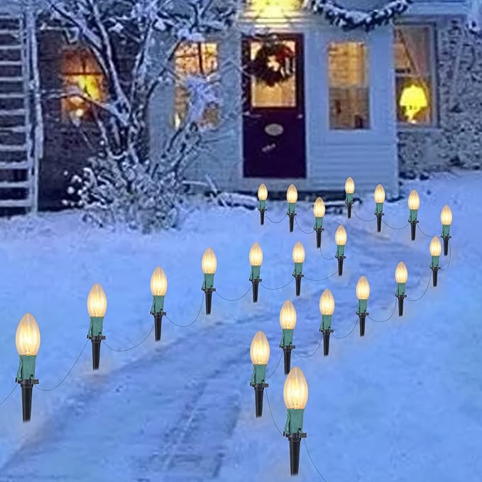 C9 Christmas Lights Outdoor, 4 Packs Total 102.8 Ft 80 Bulbs Christmas Pathway Lights, Waterproof Walkway Lights for Outside Driveway Sidewalk Outdoor Decorations Yard, Clear