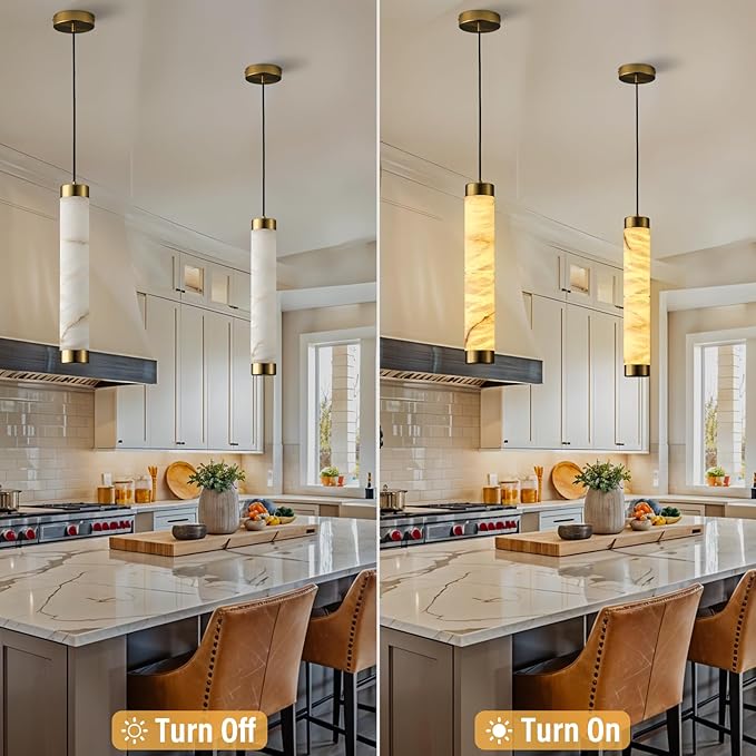 20" Alabaster Pendant Lights, 2PCS Natural Marble Cylinder Brass Pendant Light, Adjustable Modern Ceiling Light Fixtures for Kitchen Island, Dining Room, Bedroom, Living Room, Bathroom