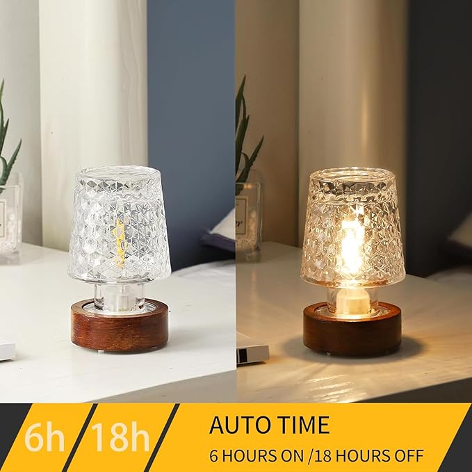 Mini Soft Warm LED Night Light, Battery Operated Portable Glass Lamp with Timer, Art Deco Style, Crystal Color, for Adults
