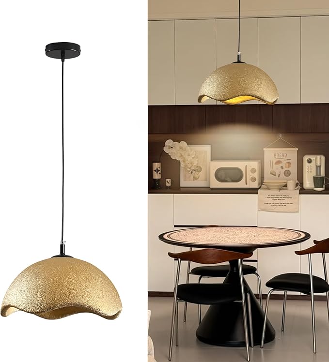 JAYMP 15.7" Modern Pendant Light for Dining Room Kitchen Island Light Hanging Lamp E26 Base Japanese Wabi-Sabi Style Bird Nest Shape Lighting Fixture, 1 Pack (Matte Gold,D Shape, 40cm/15.7inch)