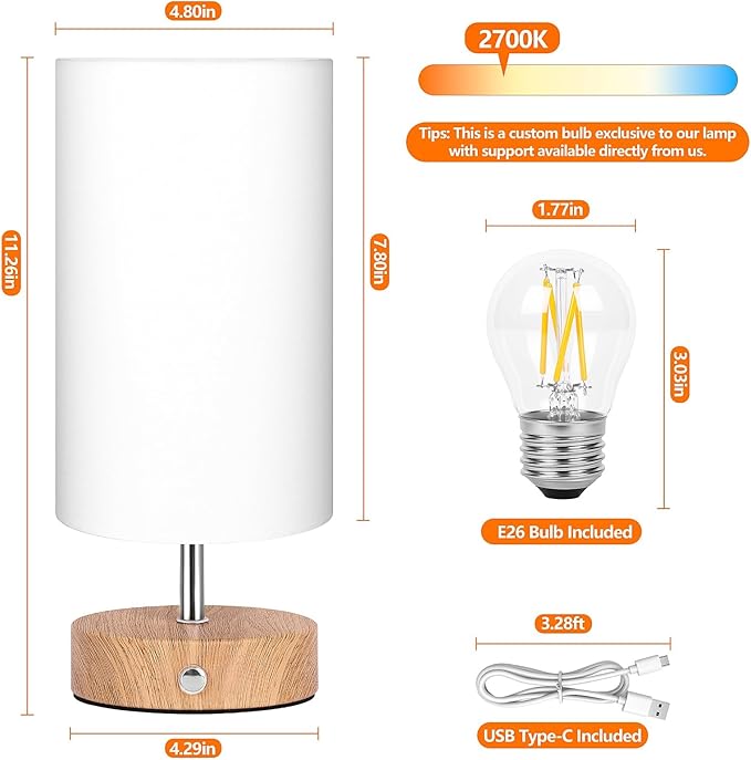 TOBUSA Cordless Table Lamp, Rechargeable 6000mAh Battery Operated Bedside Lamp, Portable Touch LED Desk Lamp Dimmable, Wireless Lamp with Wood-Grain Base, Modern Night Light for Bedroom, Bulb Included