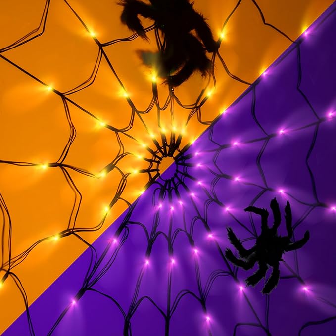 Halloween Decorations Spider Web Lights - 2 Pcs Light Up Spider Web, 4FT Diameter 70 LED with Black Spider, Waterproof, Remote Control, 8 Modes Cobweb Halloween Decorations (Purple+Orange)