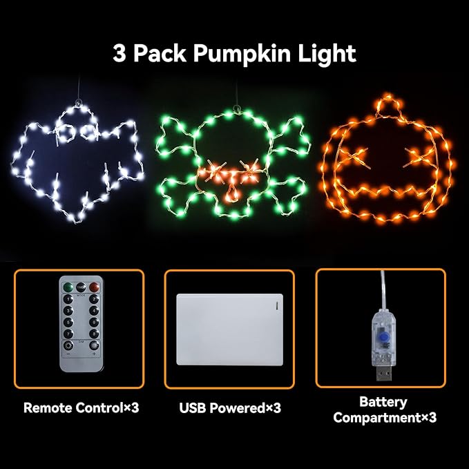 Halloween Decorations Lights 3 Packs, USB or Battery Powered Halloween Ghost Skeleton Skull Decor String Lights, 8 Modes Remote Control with Timer, Outdoor Indoor Home Party Gift