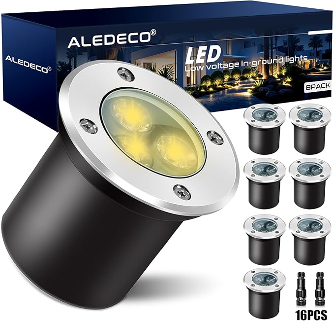 8Pack Low Voltage Landscape Lights with Connectors 3W LED 12-24V In-Ground Lighting IP67 Waterproof Garden Lights 3000K Outdoor Decorative Light for Yard Pathway Tree Patio (Warm White)