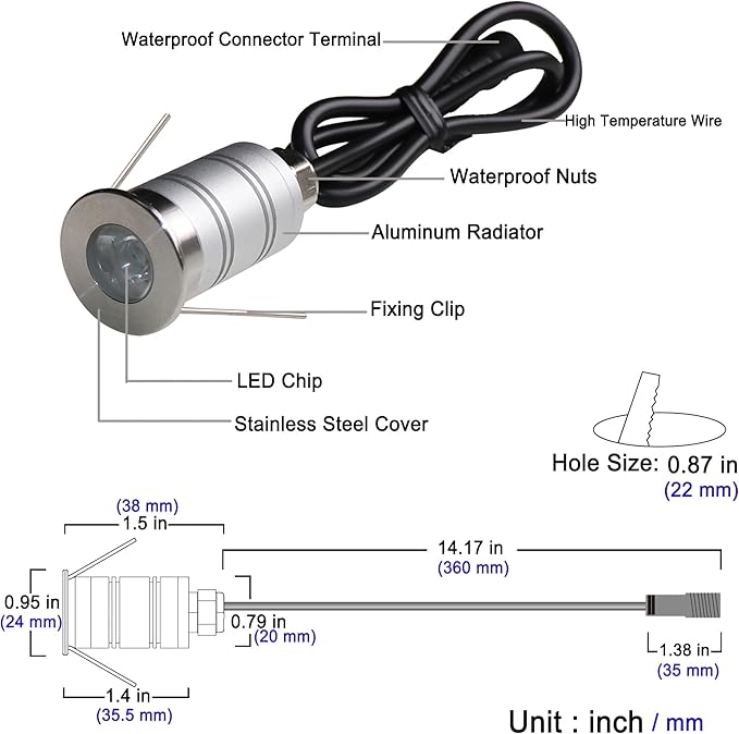 LED In-Ground Well Light,Mini 15° Narrow Beam Angle Spotlight,1W 12V-24V DC,IP67 Waterproof Underground Outdoor Landscape Lightings,Warm White-3000K (1 Pack)