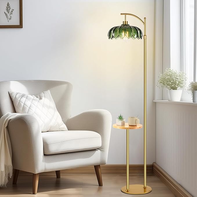 Gold Floor Lamp with Table and Shelves for Living Room Bedroom,Glass Standing Lamp with Remote Dimmable,Boho Brass Tall Lamp Vintage Farmhouse Arc Flower Floor Light Bohemian