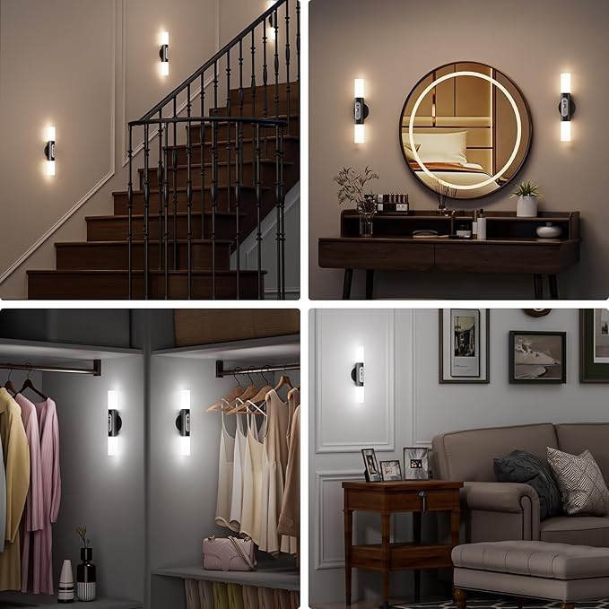 Motion Sensor Wall Lights with Remote Control, LED Rechargeable Battery Operated Wall Sconces Set of Two for Bedroom, Indoor Wireless Wall Lamps for Living Room, Hallway, Stair, Black 2 Pack