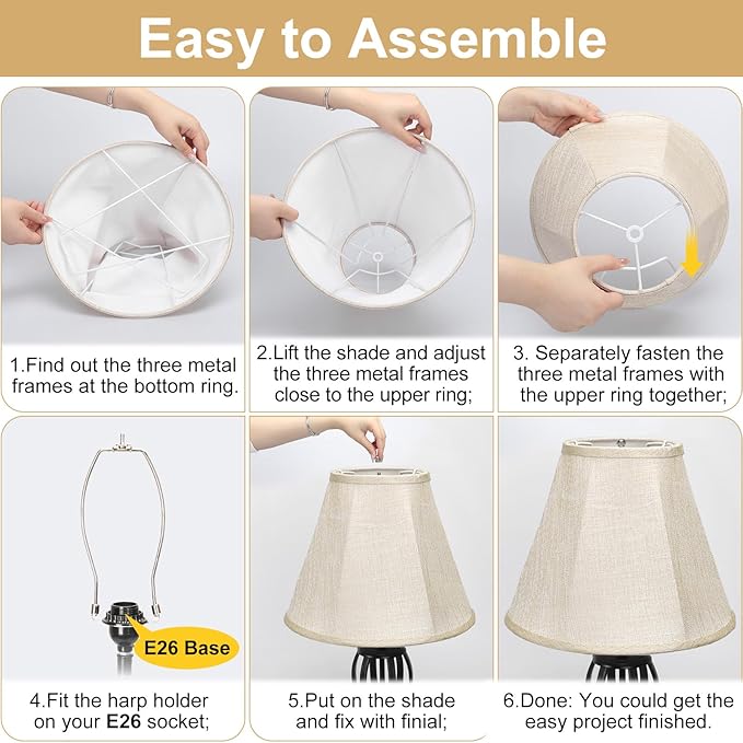 Lamp Shades Set of 2, Champagne Beige Bell Lamp Shades 6" x 13" x 10"High, Medium Shade Replacement Fabric Natural Linen Hand Crafted(Spider Fitter), Harp Holders Included, Easy Assembly Required