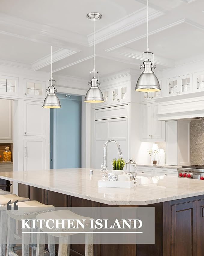 Pendant Lights Kitchen Island, Farmhouse Hanging Lights Fixtures with Metal Shade, Rustic Kitchen Pendant Lighting Over Island for Dining Room, Brushed Nickel, AD-2151-1P-SN