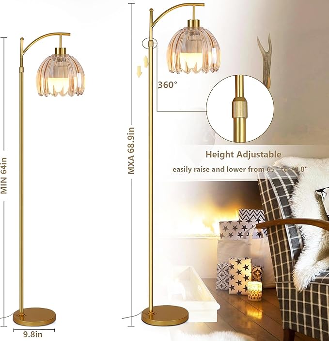 Glass Floor Lamp for Living Room,Bedroom,Gold Dimmable Standing Lamp with Remote,Mid Century Modern Brass Tall Lamp Boho Floor Lamps Arc Stained Flower Floor Light Lamp Girls Bohemian