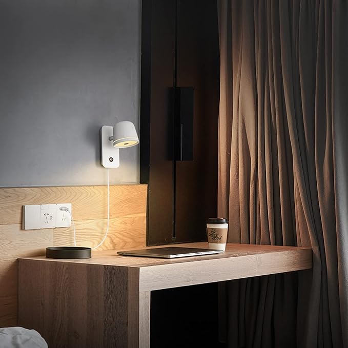 Aisilan LED Plug in Wall Sconce with Touch Dimmable Control Adjustable Wall Mounted Lamp Angle Anti-Glare Matte White Aluminum Bedside Reading Wall Lights for Bedroom Living Room