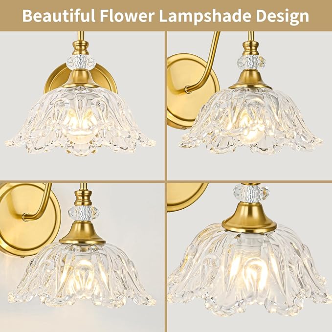 1 Piece Gold Wall Sconce with Floral Clear Glass Shade, Brushed Gold Finish Wall Mount Lighting for Bathroom,Vintage Bathroom Vanity Light Fixtures