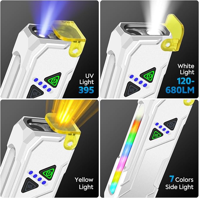 Multi-Feature EDC Flashlight Rechargeable with 7-Colors Side Light Magntic Bace Yellow Light Diffuser and UV Light for Travel Work Camp Dog Walk