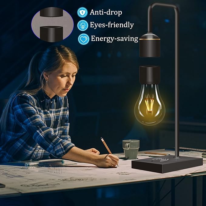 Magnetic Levitating Light Bulb with Luxury Wireless Charging Pad (Apple/Android) Levitation Plastic Black Floating Table Lamp White LED Night Light for Bedrooms Desk Toys Office Gifts