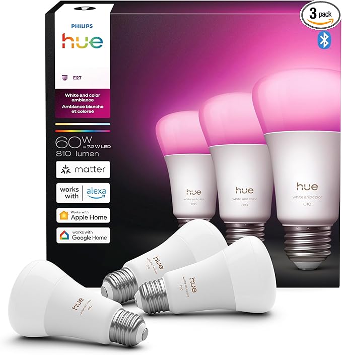 Philips Hue Smart LED A19 Bulb, 1 Pack, White & Color Ambiance, E26 Base, 7.2W, Full Spectrum Light 1000K-20000K, 810 Lumens, Dimmable LED Bulbs, Works with Alexa, Google,& Apple Home