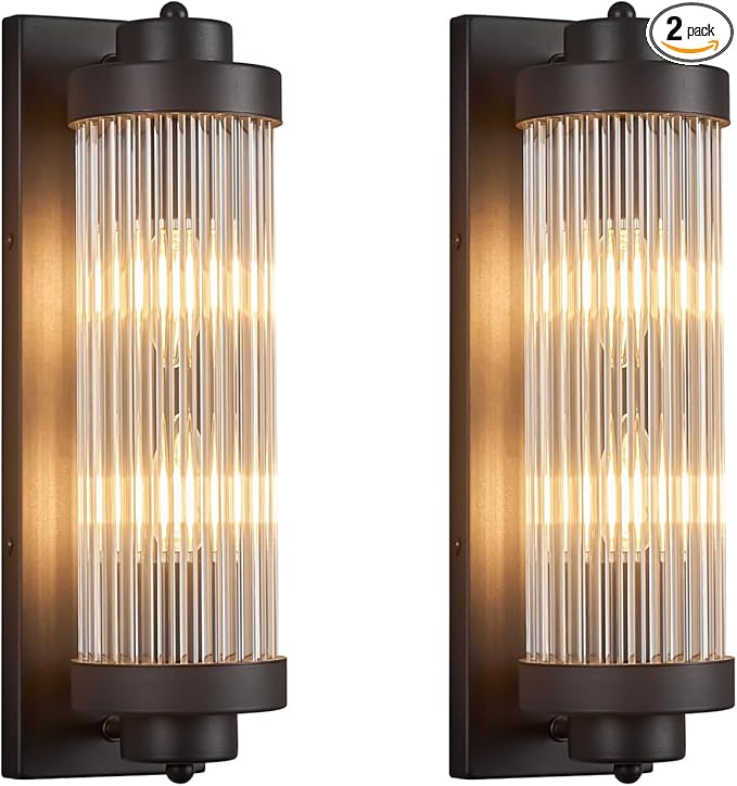 Black Wall Sconces Set of Two with Crystal Glass Strip Bathroom Sconces Modern Wall Lights for Bedroom Living Room Hallway Wall Light Fixtures, 2 Light E12 Base