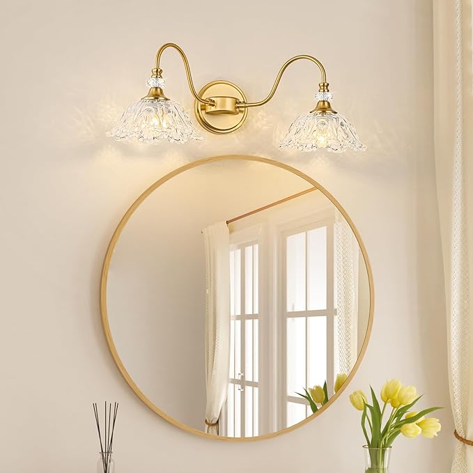Gold Bathroom Vanity Light, 2-Light Brushed Gold Finish Vanity Light with Floral Clear Glass Shades, Retro Wall Mount Lighting for Bathroom, Dressing Table
