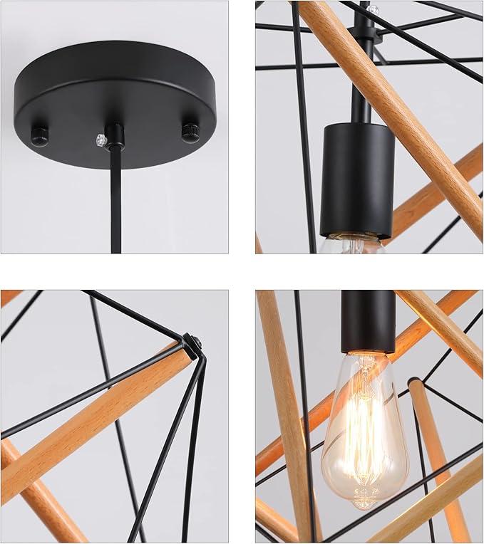AMZASA Black Geometric Art Deco Hanging Pendant Light Metal and Wood Modern Industrial Chandelier Light Fixture for Dining Room Kitchen Island Arts Center Yoga Studio,Need Assemble UL Listed