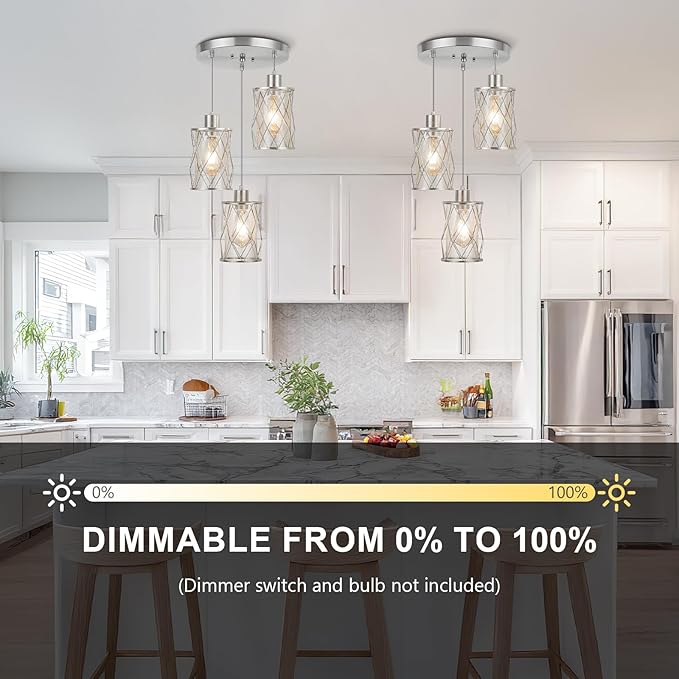 Refice 3-Light Pendant Lights Kitchen Island, Brushed Nickel Kitchen Cluster Hanging Pendant Lights with Clear Glass, Modern Cage Chandelier Light Fixture for Sink Dining Room Bedroom Bar