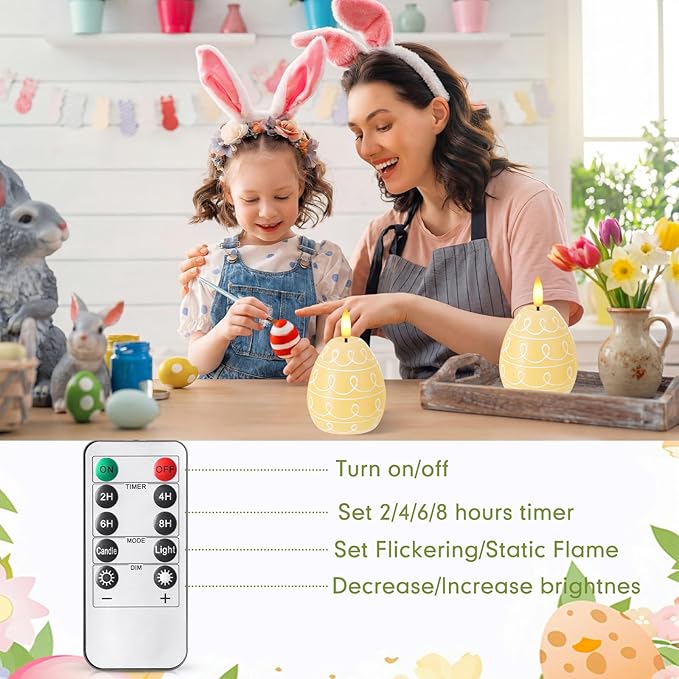 Baquler 2 Pcs Easter Egg Flameless Candles with Timer Egg Shape LED Candle Real Wax Battery Operated Flickering LED Candles Gift No Battery for Easter Party Living Room Home Decor (Yellow)