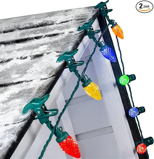 C9 LED Christmas Lights Outdoor, 66 Feet 100 LED C9 String Light with 100 Spring Clips, Waterproof Connectable Multicolor Christmas Tree Lights for Outside Roofline, Patio, Home Xmas Decor, 2 Pack