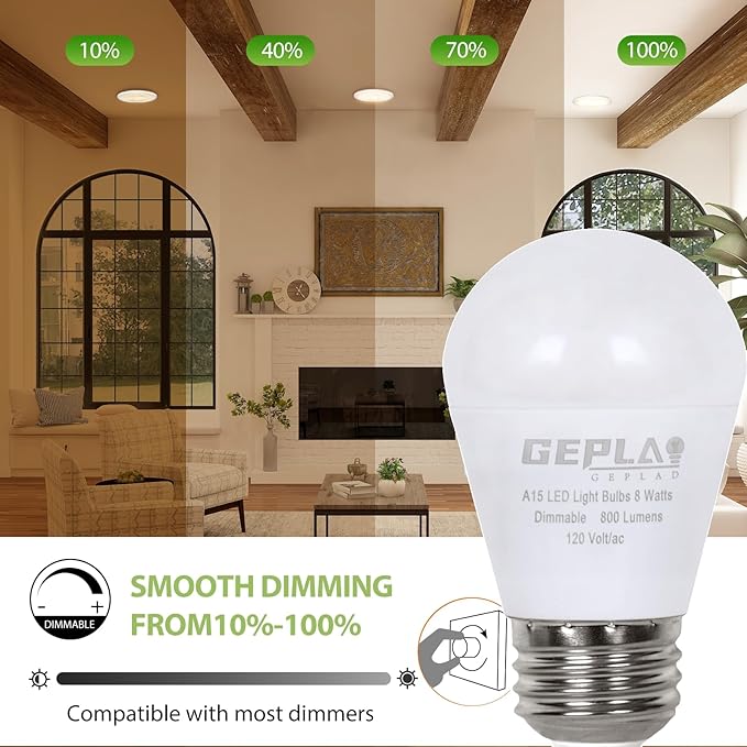 GEPLAD 6-Pack A15 Dimmable LED Light Bulbs, 5000K Daylight White, 800 Lumens, E26 Base, G45 Shape - Perfect for Refrigerator, Pendant Lights & Home Appliances, Energy Saving(60W Equivalent)