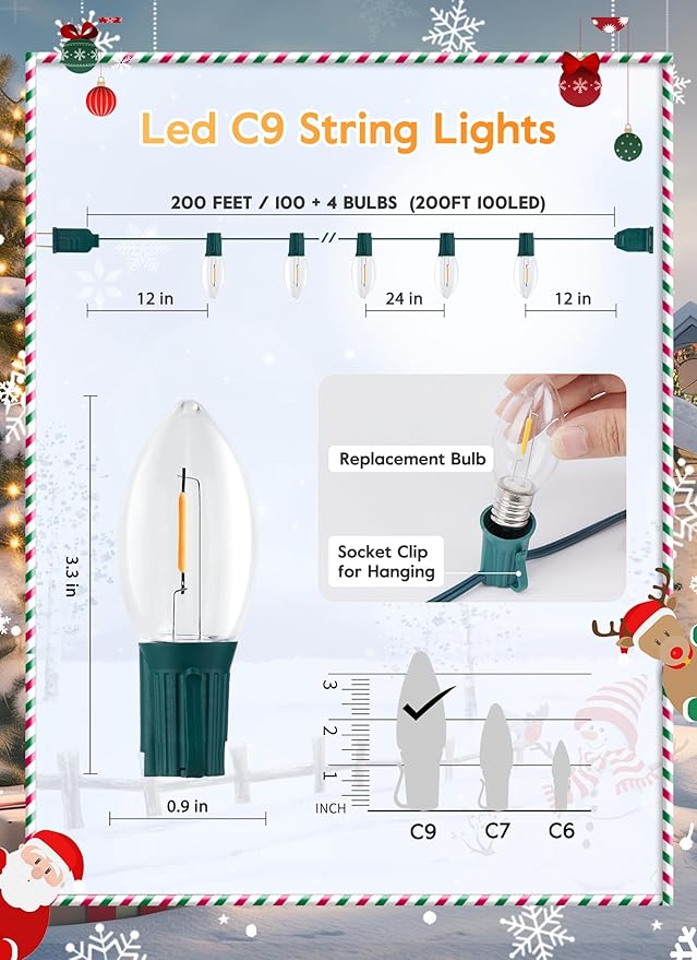 Vintage C9 LED Christmas Lights Outdoor, 200 Feet C9 String Lights with 100 Shatterproof C9 Bulbs, Waterproof Connectable Christmas Tree Lights for Outside Roofline Patio Xmas Decorations, Warm White