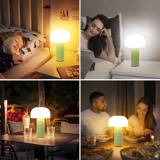 Cordless Mushroom Table Lamp Rechargeable,4000mAH Portable Battery Operated Lamp,3 Color Stepless Dimming Modern Lamps for Bedside Lamps,Touch Dimming Night Light for Home/Restaurant Green