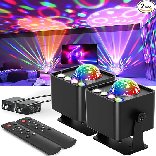 2 Pack Disco Ball Light Party Lights, LED Dj Disco Light Sunset Lamp Projector Strobe Light Sound Activated Stage Lights with Remote Control for Home Room/Parties/Kids Birthday/Wedding/Wall/Bar/Decor