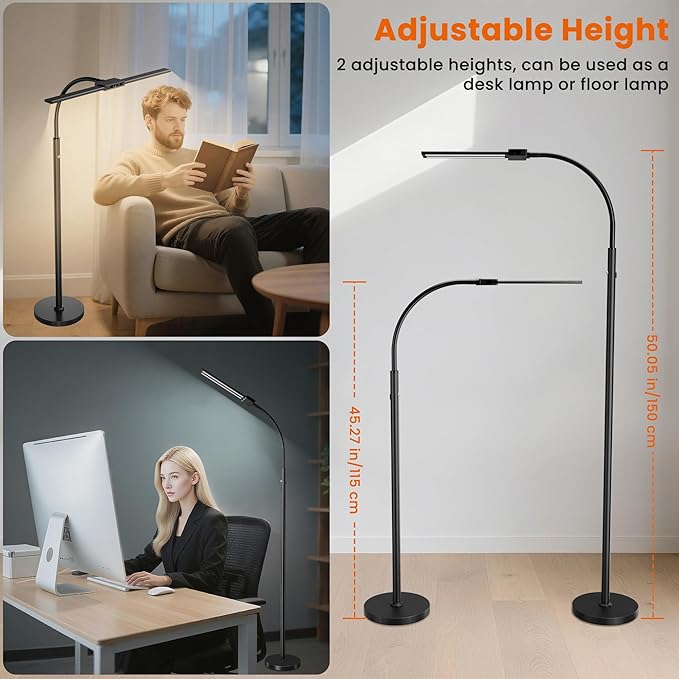 Cordless Floor Lamp LED Rechargeable - 15W Dual Head Adjustable Gooseneck Reading Light, 8000mAh Battery, Touch Control IP54 Waterproof, for Living Room, Bedroom & Emergency Lighting
