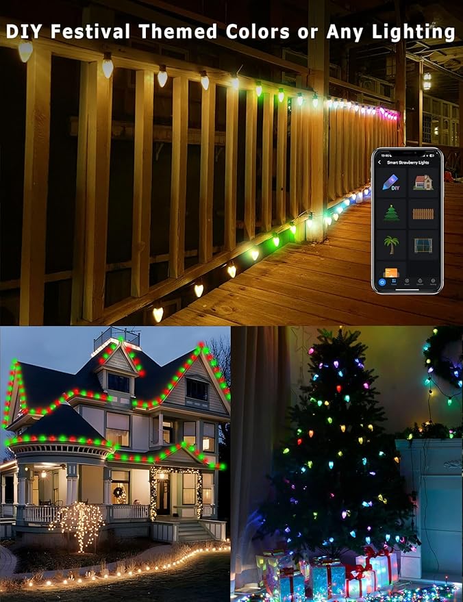 Smart RGB C9 Outdoor 79FT 100LED Chasing Effects Christmas Lights with Timer, Music Sync APP & Remote, Waterproof Extendable Color Changing String Lights for House