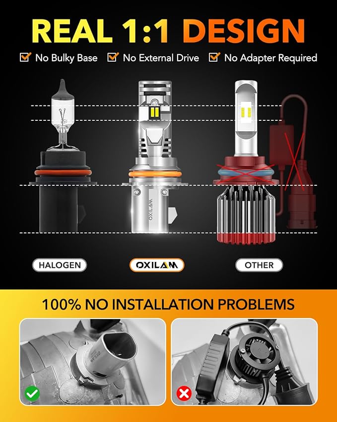 OXILAM 9007 LED Bulbs, 1000% Brighter Ultra-Bright, 3 Min Quick Install Wireless, 20 Years Lifespan, No Flicker, 99% Compatibility, Pack of 2