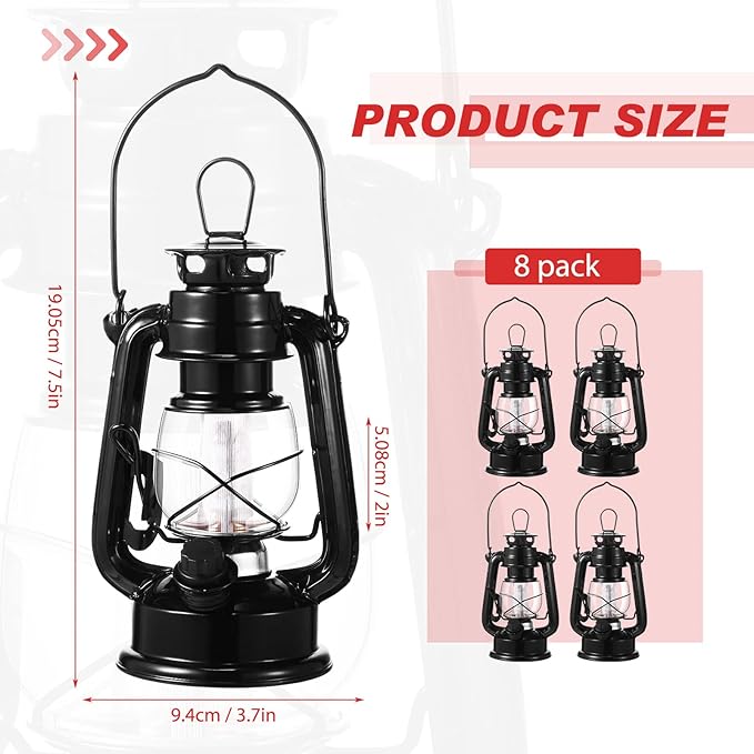 Hortsun 8 Pcs 8 Inch Vintage LED Hurricane Lantern Metal Black Outdoor Battery Operated Hanging Lantern with Warm LEDs and Dimmer Switch for Indoor Rustic Farmhouse Country Camping Decor