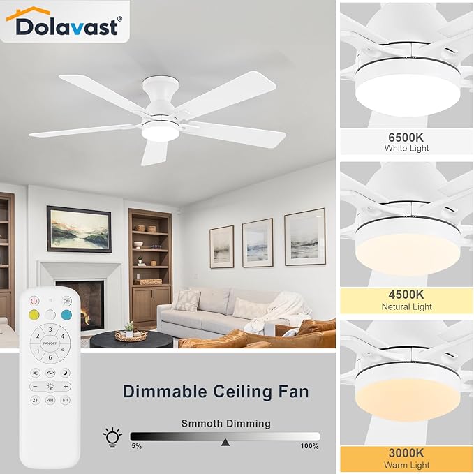 Ceiling Fans with Lights and Remote, 52 Inch White Ceiling Fan with Light, Low Profile Reversible Fandelier Ceiling Fan, Dimmable LED, Flush Mount, Quiet DC Motor, for Bedroom Kitchen