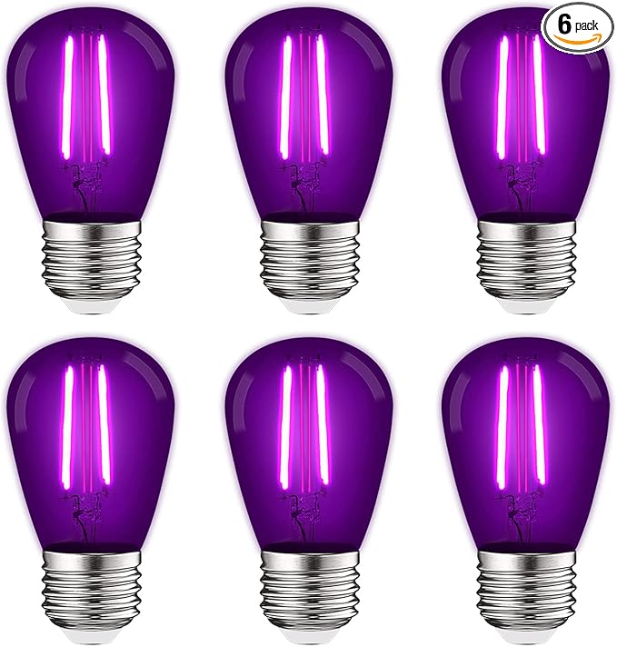 LUXRITE S14 Edison LED Purple Light Bulbs, 0.5W, Colored LED Bulbs for Outdoor String Lights, UL Listed, E26 Base, Indoor Outdoor, Decoration, Party, Holiday, String Light Replacement Bulbs (6 Pack)