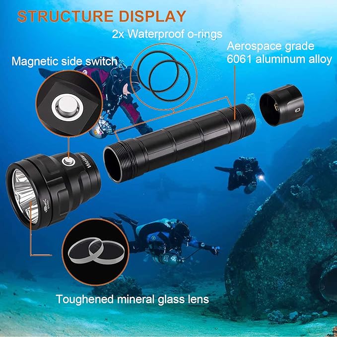 Wurkkos DL40 Diving Flashlight, Bright Max 5000 Lumen Scuba Dive Light with 4 LH351D LED, IPX8 Waterproof Submarine Flashlight Underwater 492ft, High 90CRI Rechargeable Diving Torch for Depth Cave