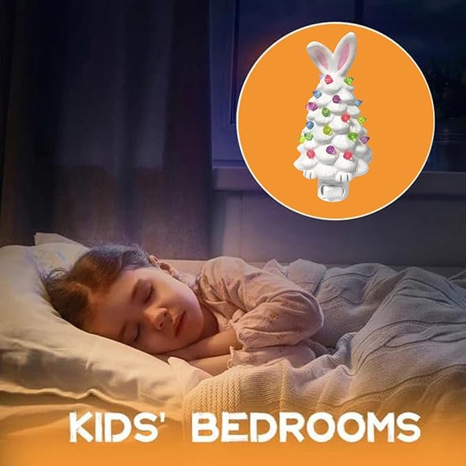 Easter Bunny Tree,Bunny lamp,Glowing Bunny Imitation Ceramic Tree,Resin Bunny Figurine with Colorful Lamp,Light Up Tree with Rabbit Ears,Easter Night Light for Home Decorations (F)