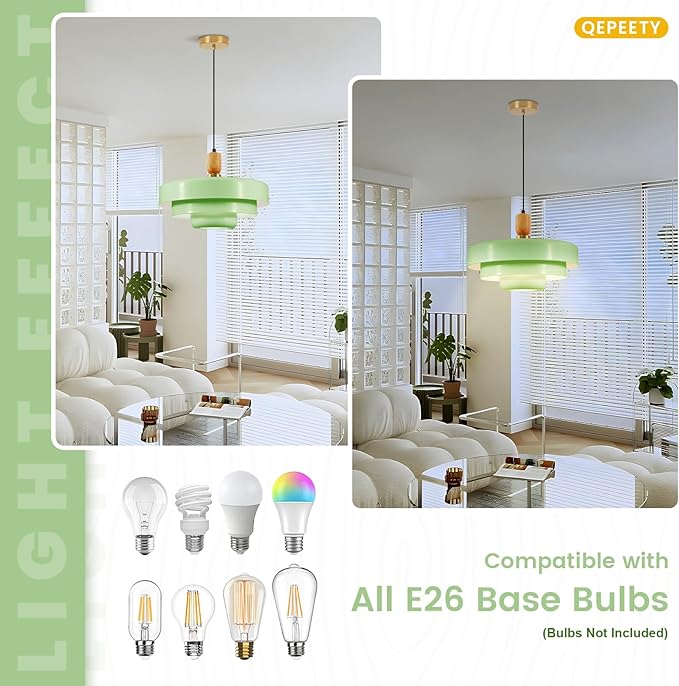 Mint Green Pendant Light with Solid Wood, 13.8 Inch Adjustable Modern Farmhouse Ceiling Lamp for Kitchen Island, Pantry, Dining Room, Living Room