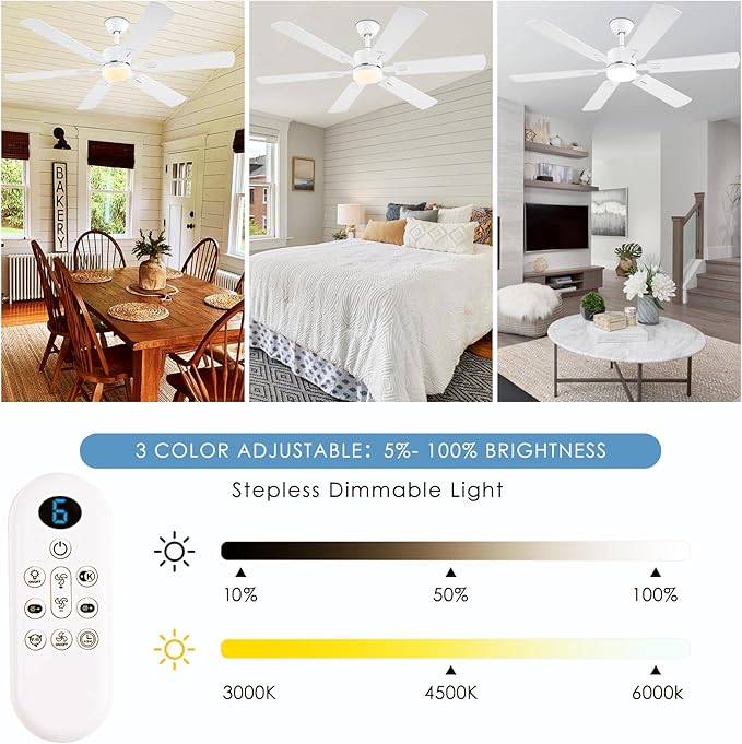 56inch Modern White Ceiling Fans with Lights and Remote/App Control, Dimmable LED, Reversible DC Motor, Noiseless, 6 Double-Side Blade Low Profile Ceiling Fan for Livingroom Indoor/Outdoor Use