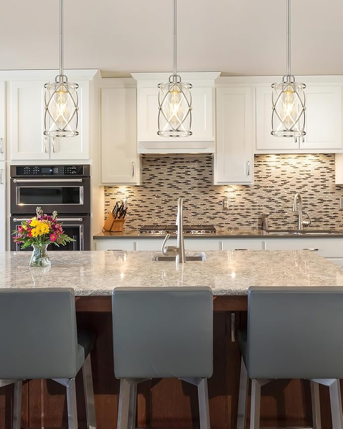 Brushed Nickel Pendant Lights Kitchen Island 3 Pack, Glass Kitchen Pendant Lighting Over Island with Rod, Modern Mini Hanging Light for Kitchen Sink Dining Room, CH9176BN-3PK