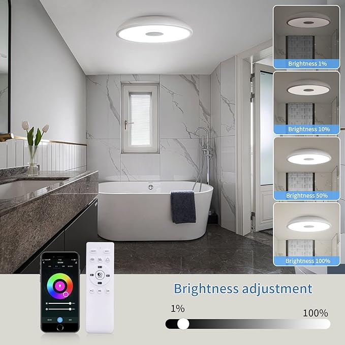 Smart Waterproof LED Flush Mount Ceiling Light Fixture,11 inch 18W,with Bluetooth Speaker,RGB Color Changing Function- Dimmable Lamp,Tuya Application Control-Compatible with Alexa Google Home