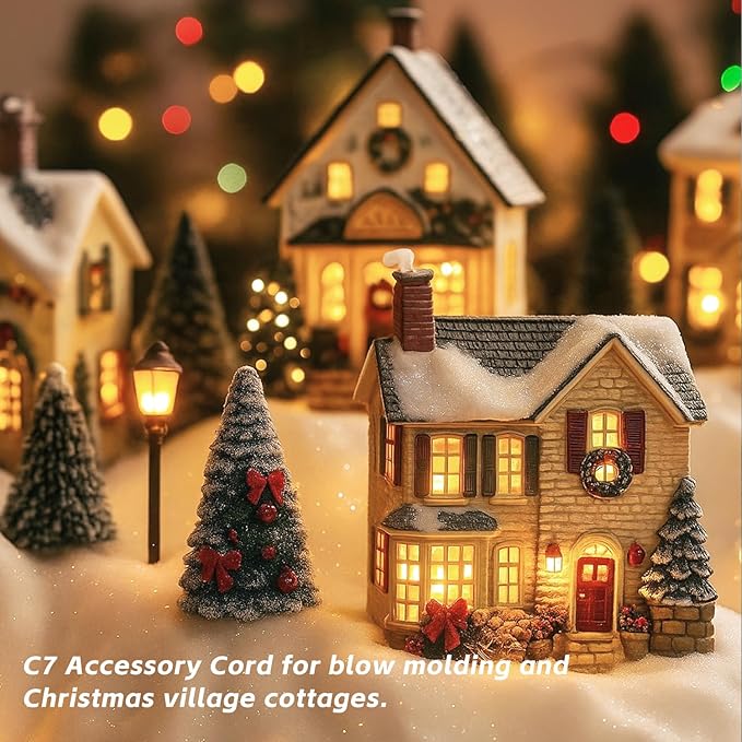 4 Pack Accessory Cord with LED Night Light Bulbs - White Cord with On/Off Switch Plugs - C7 led Bulb Warm White with Spare Fuse for Holiday Decoration and Craft Village House Decoration
