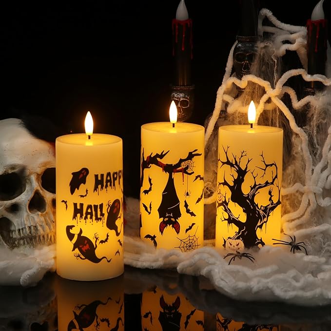 Halloween Decorations Ghost Bat Flameless Halloween Candles with 6H Timer, Battery Operated LED Candles for Halloween Decor Indoor