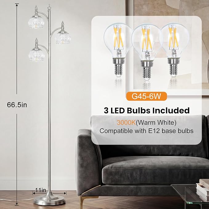Brushed Nickel Floor Lamps for Living Room Silver Flower Standing Lamp with 3 Brightness Lights Glass Shades 66.5in Lamp for Bedroom Office(3LED Bulbs Included)