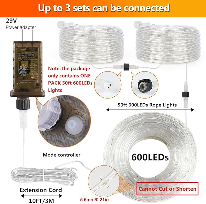 Connectable Outdoor Rope Lights, 50ft 600 LED Warm White Strip Light Plug in for Indoor with Waterproof 8 Modes, Outdoor String Lights for Camping, Garden, Backyard, Patio, Deck, Pool, Tree Décor