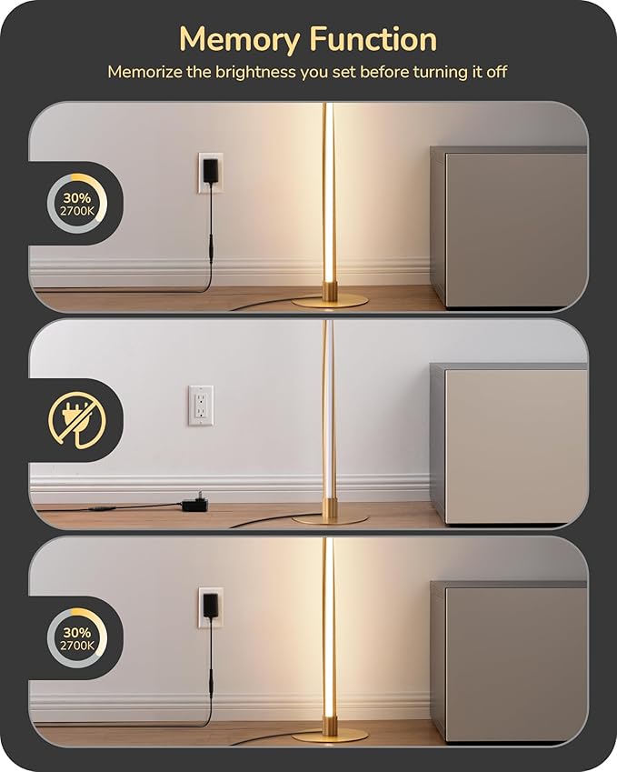 EDISHINE Helix LED Floor Lamp, 56" Tall Pole Lamps 2700K-6000K Dimmable, Remote Control & Foot Switch, Modern Minimalist Standing Corner Lights for Bedroom, Living Room, Office, Gold