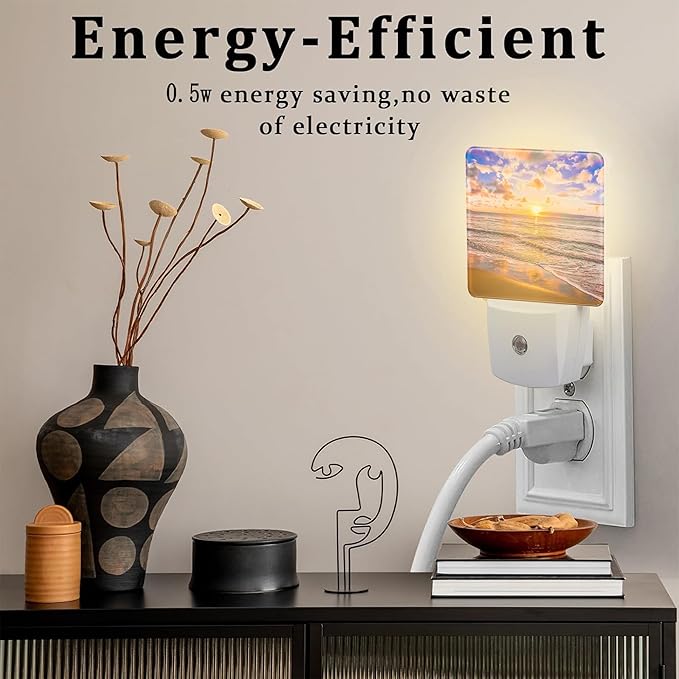 Sunset at Sea Night Light for Kids, Beach and Ocean Waves Night Light Plug in with Dusk to Dawn Sensor, 0.5w Energy Saving Sleep Friendly Nightlight for Hallway Stairway Kitchen Bedroom