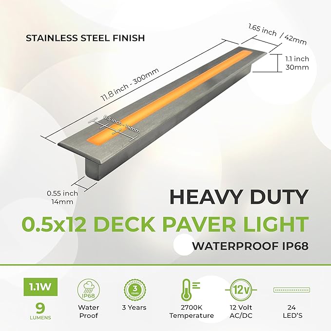 LUMENGY Deck Liner LED Light 0.5x12 Inch, 2700K Warm White, 12V Low Voltage, IP67 Waterproof, for Wood and Composite Decks and Patios, Stainless Steel