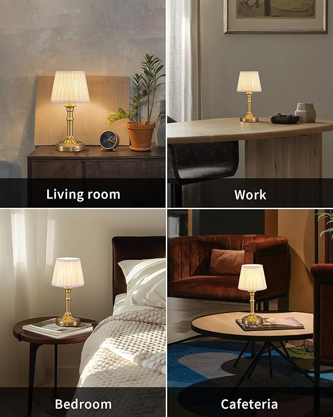 KDG Cordless Portables Table Lamp, LED Fabric Shade Small Desk Lamps, 4000mAh Battery Powered Lighting, 2700K Stepless Dimmable Light for Living Room, Dining Room, Bedroom, Bedside (Gold)