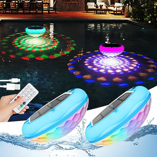 Solar Floating Pool Lights(2 PCS), USB Rechargeable 2600mAh Pool Lights with Remote, 6.69 Inch IP68 Waterproof RGB 6 Dynamic Modes Upper and Lower Glow Hangable Solar Floating Light for Garden